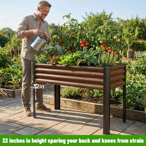 Man watering plants in 2 Pack Elevated Metal Raised Garden Bed With Legs 48 By 18 By 32 Inches Outdoor Planter Boxes