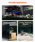 Six By Eight Foot 3-Panel Welding Screen With Frame in garage, workshop, and outdoor settings, flame-resistant vinyl.