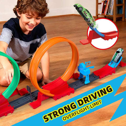 Child playing with Crazy Fun 360 Degree Loop Track With Eight Loops And Five 1 To 64 Scale Toy Cars Easy Storage Perfect Gift For Boys Aged 3 To 7 Great For Birthdays Halloween And Christmas Pull Back Power For Long Launches