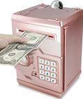 Cool Mini ATM Piggy Bank For Kids With Electronic Code Lock And Money Counter, Safe Coin Bank For Boys And Girls, Password Lock Case In Rose Gold with a dollar bill being inserted, demonstrating the saving feature.
