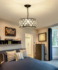 Bedroom setting with Three Light Modern Crystal Chandelier In Black Metal Farmhouse Pendant Light With E26 Base Adjustable Ceiling Fixture