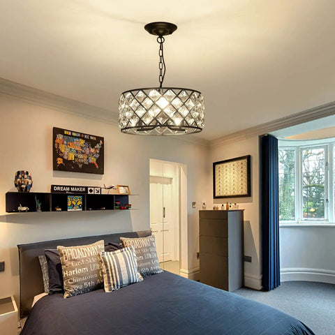 Bedroom setting with Three Light Modern Crystal Chandelier In Black Metal Farmhouse Pendant Light With E26 Base Adjustable Ceiling Fixture