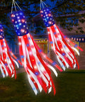 Three Pack 60 Inch American Flag Windsocks With Red White Blue LED Lights For Outdoor Yard Decor Show Off Fourth Of July And 250th Anniversary Patriotic USA Heavy Duty Memorial Day hanging on tree at night