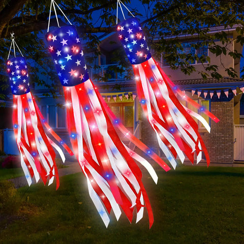 Three Pack 60 Inch American Flag Windsocks With Red White Blue LED Lights For Outdoor Yard Decor Show Off Fourth Of July And 250th Anniversary Patriotic USA Heavy Duty Memorial Day hanging on tree at night