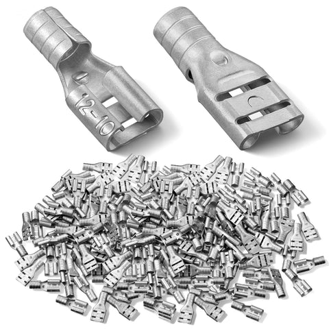 High Temperature Female Non Insulated Spade Connectors Pro Grade 100 Pack For 12 To 10 Gauge Quick Disconnect One Quarter Inch Female Tab Wire Splice Connectors For Strong Crimps In Electrical Terminals