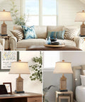 Set of 2 Farmhouse Bedside Lamps With USB Ports And AC Outlet, Blue Washed Resin Cuboid Lamp Posts With Seashell Pattern