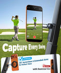 Golfer using Magnetic Golf Cart Phone Holder With 360 Degree Rotatable Base And Foldable Dual Arm, perfect for capturing swing video.