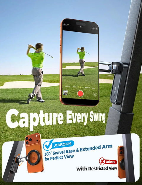Golfer using Magnetic Golf Cart Phone Holder With 360 Degree Rotatable Base And Foldable Dual Arm, perfect for capturing swing video.