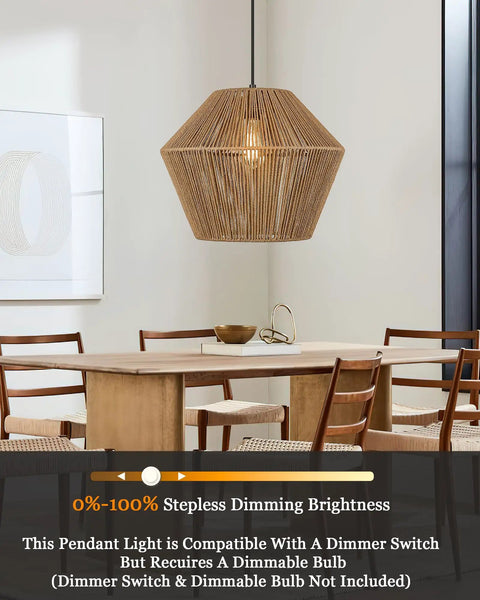 Handwoven Rattan Pendant Light With Woven Basket Shade, above dining table, modern boho chic Japandi chandelier