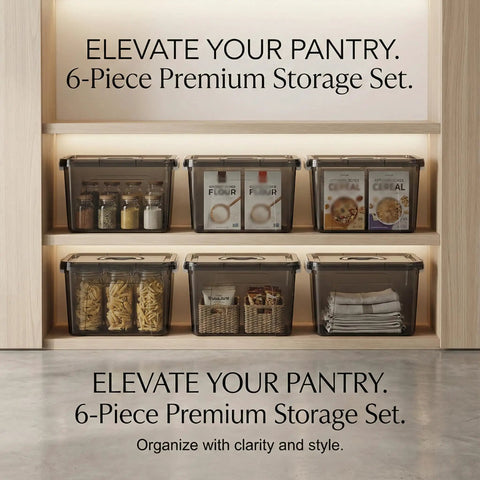Six Pack Stackable Black Plastic Storage Bins With Lids 12 Quart Each Modular Organizer Boxes displayed on shelves