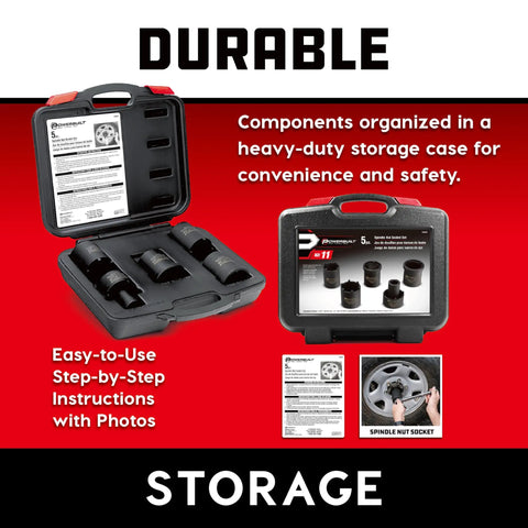 Spindle Nut Socket Set Five Piece for 4x4 SUVs and Light Trucks Remove Spindle Nuts with Lug Out Sockets, open and closed cases.