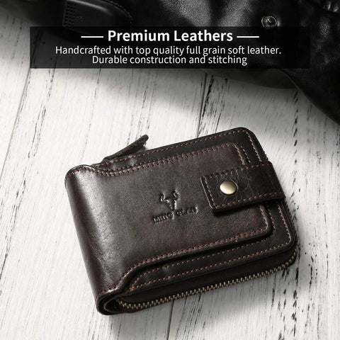 Full Grain Vintage Leather RFID Blocking Bifold Wallet For Men With Three Sided Zipper Flap ID Window Zip Coin Pocket