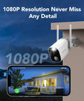 Wireless Outdoor Security Camera With 2K Color Night Vision And AI Motion Detection mounted on house with night view phone display