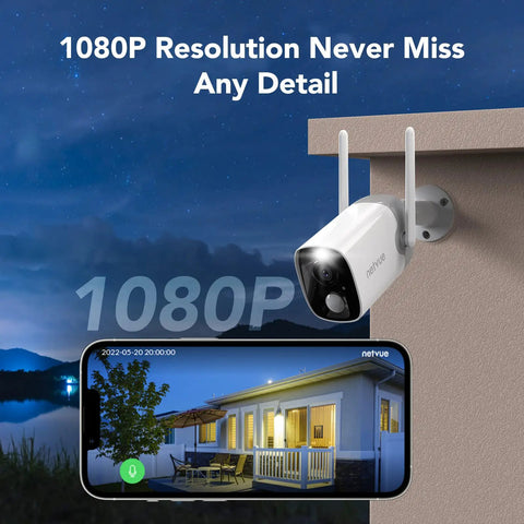 Wireless Outdoor Security Camera With 2K Color Night Vision And AI Motion Detection mounted on house with night view phone display