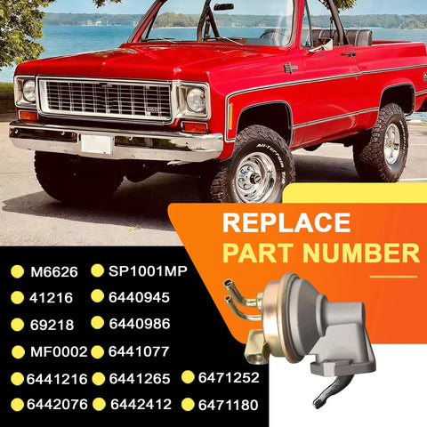 Mechanical Fuel Pump With Spring Plug And Play Direct Fit For Classic GM Cars, displayed with red Chevrolet Blazer in background.