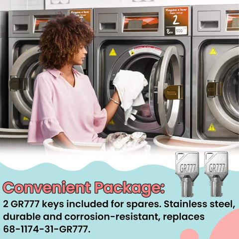 Woman using commercial washer with GR777 Tubular Key Set For Commercial Washers And Coin Op Machines, Replacement Parts