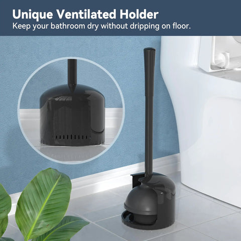 Heavy Duty Toilet Plunger With Wall Holder For Standard Bathroom Drains Extendable Rubber Cup Sink Tub Shower Clog Buster Rock Solid Plumbing Fix No Sweat Quick Drain Repair Tool Black Finish in ventilated holder.