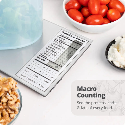 Nutrition Food Scale For Meal Planning And Portion Control With Food Code Booklet And App Non Connected And Non Backlit Model showing gram precision and macro counting