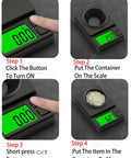 Steps showing Pocket Scale 1000g x 0.01g Digital Gram Scale for jewelry and food prep use, with backlit LCD and tare modes.