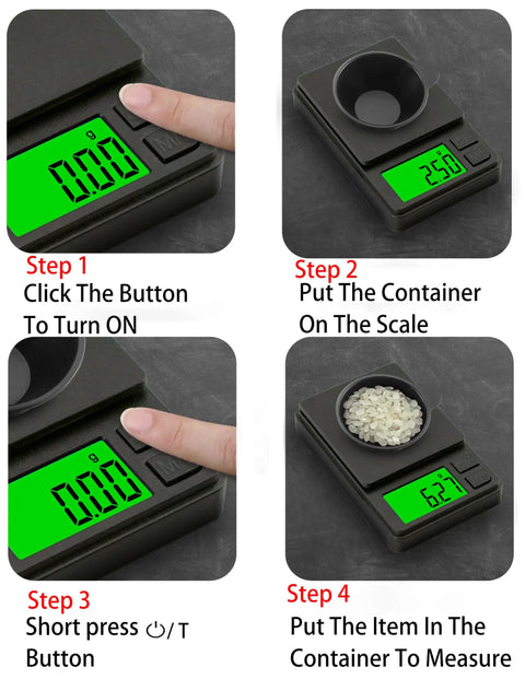 Steps showing Pocket Scale 1000g x 0.01g Digital Gram Scale for jewelry and food prep use, with backlit LCD and tare modes.