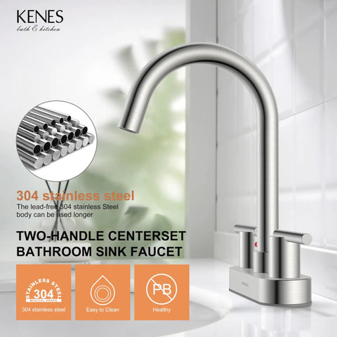 4 Inch 2 Handle Centerset Brushed Nickel Lead Free Bathroom Faucet With Pop Up Drain And Two Water Supply Lines Modern Commercial Style Easy Install Durable Must Have For Everyday Bathroom Use with 304 stainless steel feature