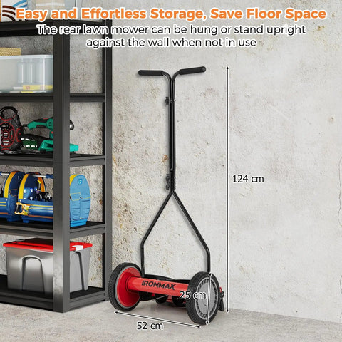 Red 14 Inch 5 Blade Push Reel Mower With Removable Grass Catcher For Small To Medium Yards Durable Steel Blades Clean Cuts Easy Maneuver Quiet Eco Friendly Lawn Care stored upright against a wall