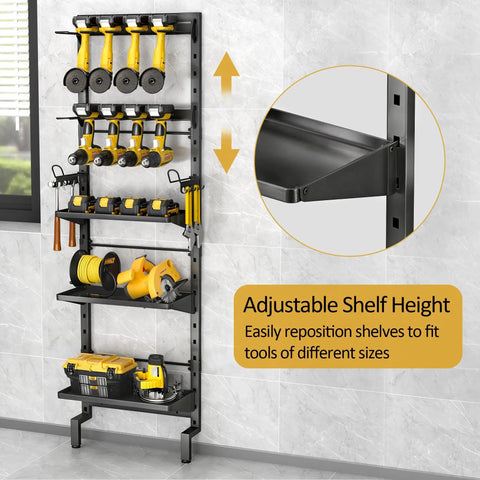 Five Tier Vertical Wall Mount Tool Storage Rack For Garage Heavy Duty Metal Organizer With Eight Drill Holder Slots Adjustable Shelves Side Hooks Space Saving Workshop Utility shown in black steel installed on a wall with tools.