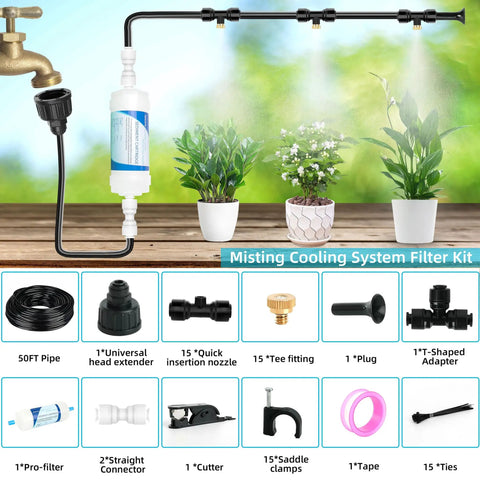 Outdoor Misting System for Patio and Garden Beat the Heat With 50 Ft Cooling Mist Kit Water Filter 1/4 Inch Tubing All Weather Setup Ideal for Patio Greenhouse Pool BBQ and Irrigation components and installation guide
