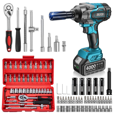 Heavy Duty 1000 Newton Meter Cordless Impact Wrench Kit With Half Inch Drive, 21 Volt, Brushless Motor, Includes 46 Piece Socket Set