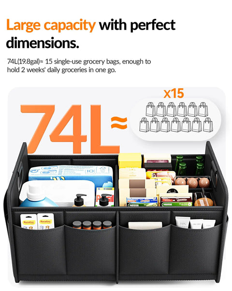 Heavy Duty Trunk Organizer For Car, SUV Or Minivan, Collapsible Storage, upright with groceries inside, black, 2 compartments