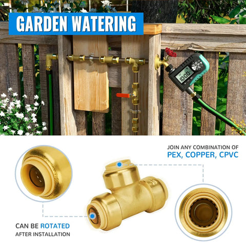 12 Pack Push Fit PEX Tee Plumbing Connector Three Quarters Inch Brass T Fittings With Disconnect Clip in garden setup