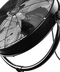 Close-up of Industrial 20 Inch Drum Fan with Heavy Duty High Velocity Metal Pedestal showing 5 stainless blades and tilt feature.