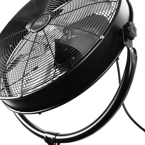 Close-up of Industrial 20 Inch Drum Fan with Heavy Duty High Velocity Metal Pedestal showing 5 stainless blades and tilt feature.