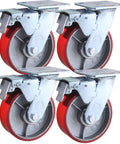 Heavy Duty 6 X 2 Inch Poly Wheel Casters With Solid Foot Pedal Brakes, Non Marking Floor Shield, Cruisin Smooth Precision Axes, Badass Grip Four Piece Set For Toolbox Carts And Garage Gear Moves displayed from side angle.