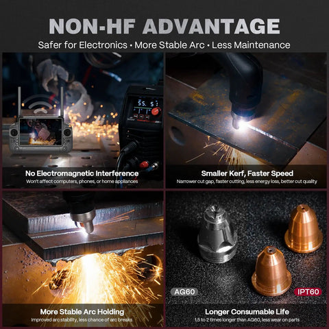 Non HF Blowback Pilot Arc Plasma Cutter 55 Amp With App Control 120V 240V Upgraded LED Display Cuts Rusted And Painted Surfaces Like Butter Plasma Gouging Expanded Metal Pressure Detection Pro Grade demonstrating cutting capabilities and advantages in durability and precision.