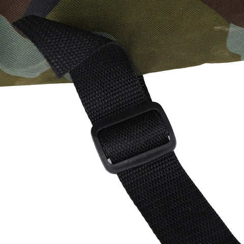 Close-up of black adjustable strap on Manual Fertilizer Spreader With Bag For Farm Crops And Garden Use Accurate Measurement Fertilizing Tool For Corn Vegetables Sugar Cane Fruit Trees Labor Saver And Output Booster.