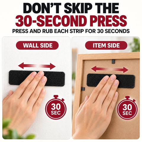 Heavy Duty Hook And Loop Fasteners Double Sided Adhesive Tape Peel And Stick Wall Storage No Drill Needed Holds Like A Champ For Pictures Keys Cables And Gear 48 Pair Roll shows pressing velcro strips to wall and frame.