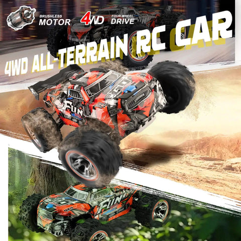 One Eighteen Scale Brushless RC Car 4WD Off Road Remote Control Truck Reaches Sixty KMH Speed in action on dirt track