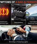 Symptoms of a bad alternator including dashboard warning light, dead battery, intermittent electrical failure, dimming lights.