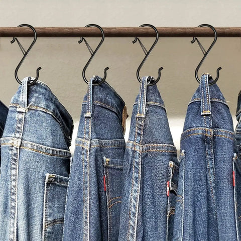 Eight Pack Three Point Five Inch Heavy Duty S Hooks With Safety Buckle Rust Proof Coated Metal Hanging Hooks holding jeans