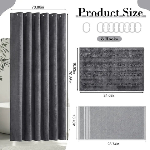 Totally Must-Have 4 Piece Bathroom Accessories Set With Waffle Shower Curtain And Chenille Bath Mat, 2 Absorbent Towels, 8 Sturdy Hooks