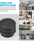 Premium 2 3 8 Inch Spring Desk Grommet And Hassle Free Cable Hole Cover For Chill Home Office Cord Management And Smart Wire Organization Smooth Durable Plastic Caps In Black Ten Pack on a desk.