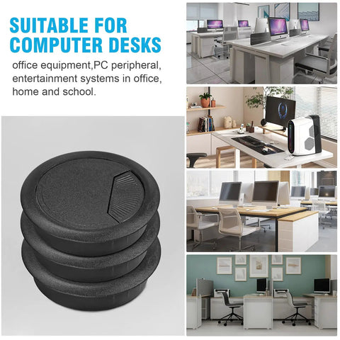 Premium 2 3 8 Inch Spring Desk Grommet And Hassle Free Cable Hole Cover For Chill Home Office Cord Management And Smart Wire Organization Smooth Durable Plastic Caps In Black Ten Pack on a desk.