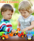 Toddlers playing with Inertia Friction Powered Construction Vehicle Set Push And Go Toys Four Pack Kid Friendly Cement Mixer Bulldozer