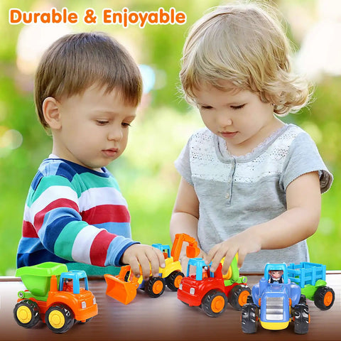 Toddlers playing with Inertia Friction Powered Construction Vehicle Set Push And Go Toys Four Pack Kid Friendly Cement Mixer Bulldozer