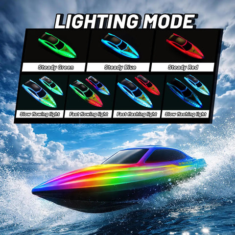 2 Pack Remote Control Boats Featuring 7-Mode LED Lights, 10 Inch RC Speedboats in water with lighting modes display