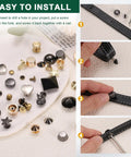 Level Up Your Look With These Top Shelf 30 Piece Heart Shaped Metal Stud Rivets 10Mm Screw Back Embellishments Ideal For Leather Gear Bags And Clothing DIY Projects Silver installation process image featuring various rivets and a leather strap.