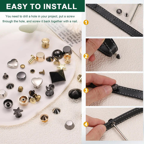 Level Up Your Look With These Top Shelf 30 Piece Heart Shaped Metal Stud Rivets 10Mm Screw Back Embellishments Ideal For Leather Gear Bags And Clothing DIY Projects Silver installation process image featuring various rivets and a leather strap.
