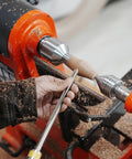 Person using lathe with Bottle Stopper Chuck For Lathe Mounting Three Eighths Inch By Sixteen TPI Stoppers And One Inch By Eight TPI Headstock Thread