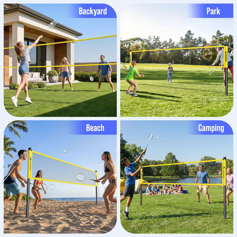 Backyard Badminton Set With Pro Grade Net, 4 Rackets, Shuttlecocks And Carrying Bag in yellow for outdoor play at various locations